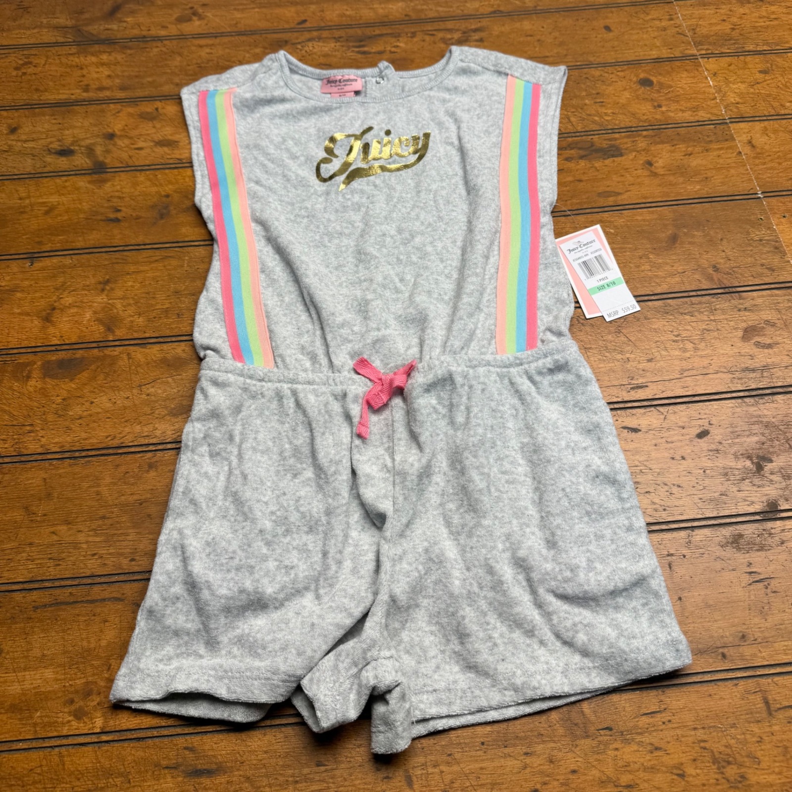 Juicy Couture Kids Gray Terry Cloth Romper Rainbow Stripe Gold Size 8/10 Nwt